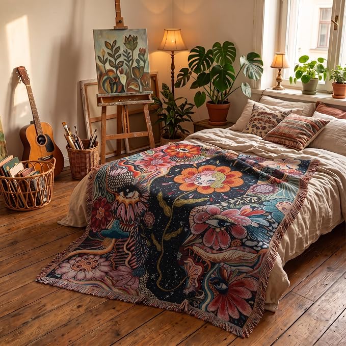 Woven Hippie Boho Throw Blanket for Couch Bed Chair Lounge Boho Room Decor Reversible Cotton Whimsical Throw Blanket Witchy Room Decor Aesthetic Throws Bed Spread Outdoor Camping Blankets 51x59 Inches