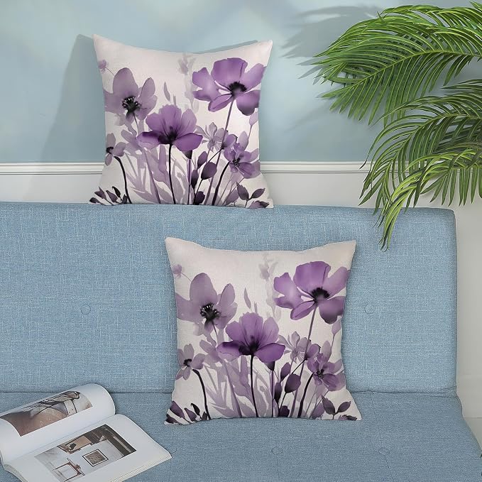 Spring Floral Pillow Covers 18x18 Inches Set of 2,Purple Floral Throw Pillow Covers Outdoor Summer Flower Decoration Pillowcase Farmhouse Decorative Square Cushion Cover Decor for Home Sofa