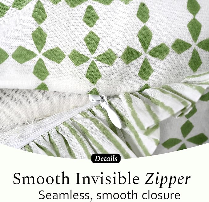 CPC Kelly Green Hand Block Print 100% Cotton Ruffle Throw Pillow Cover 18x18 inch with Hidden Zipper Decorative for Couch, Bed, Sofa, Farmhouse, Cottagecore Decor Gift Christmas Fall Thanksgiving