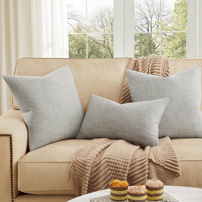 Rustic Linen Throw Pillow Covers Set of 2, Light Grey 22x22in | Textured Pillow Case, Rustic Cotton Linen Fabric, Modern Farmhouse Cushion Covers for Sofa Bed Living Room Home Decor