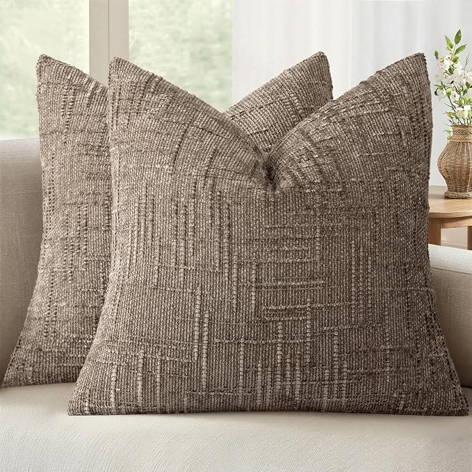 MIULEE Chenille Textured Throw Pillow Covers Taupe Grey 18x18 Set of 2 | Slubby Decorative Pillows, Fall Boho Farmhouse Home Decor, Modern Neutral Cushion Covers for Couch Sofa Bed Living Room