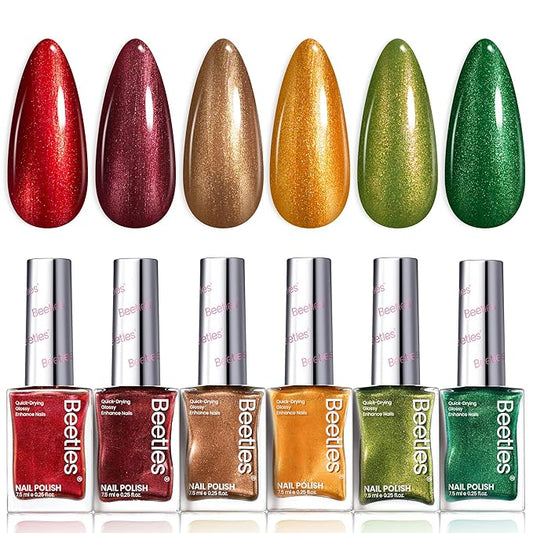 Beetles Spring Nail Polish Set - Glamour Era 6 Colors Quick Dry Glitter Burgundy Red Gold Green Yellow High-Gloss Long-Lasting Nail Polish for Winter DIY At-Home Manicure Gift for Women