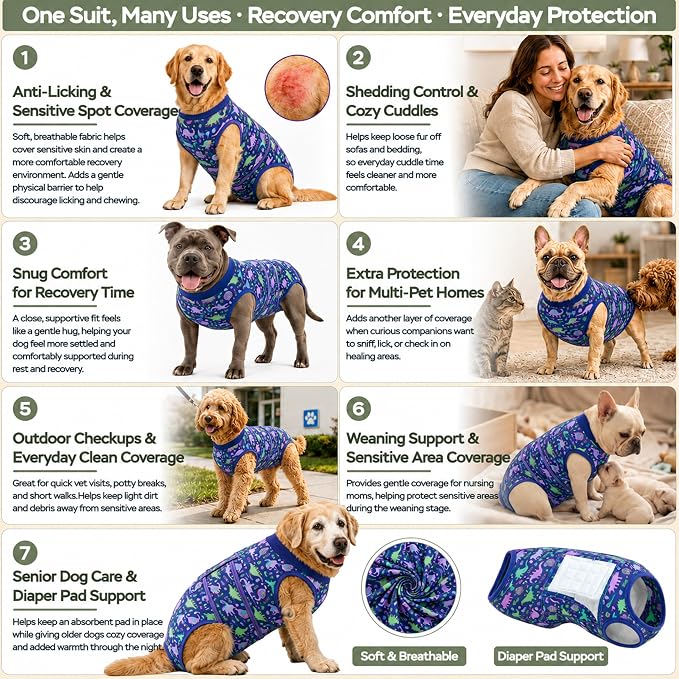 PetWarm Dog Recovery Suit, Onesies for Dogs, Dog Cone Alternative After Surgery Substitute E-Collar and Cone Prevent Licking Dog Onesies Pet Surgery Recovery Suit, Dinosaur Pattern, Blue Purple, 2XL