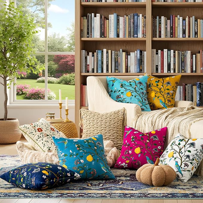 MUSSEL Peacock Blue Velvet Floral Decorative 20x20 Pillow Covers Set of 2 | Durable Sturdy,Botanical Printed Pattern,Throw Pillows Case,Square,Colorful Mid Century Cushion Covers,Sofa Couch Decor