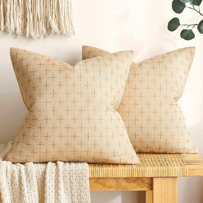 MIULEE Pack of 2 Decorative Burlap Linen Throw Pillow Covers Modern Farmhouse Pillowcase Rustic Woven Textured Cushion Cover for Sofa Couch Bed 20x20 Inch Light Yellow