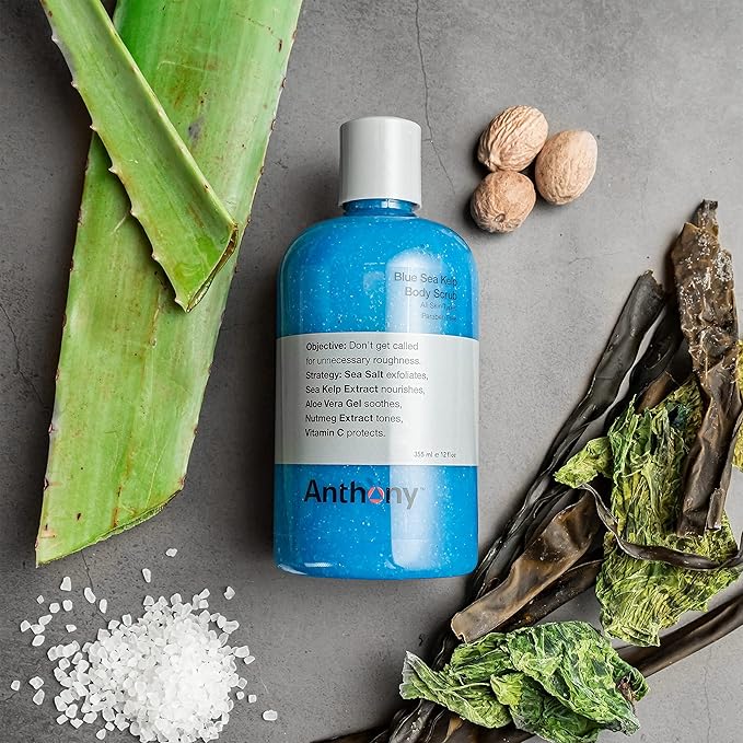Anthony Algae Facial Cleanser, Facial Scrub, Blue Sea Kelp Body Scrub, Invigorating Rush Hair + Body Wash, 8 Fl Oz, 12 Fl Oz