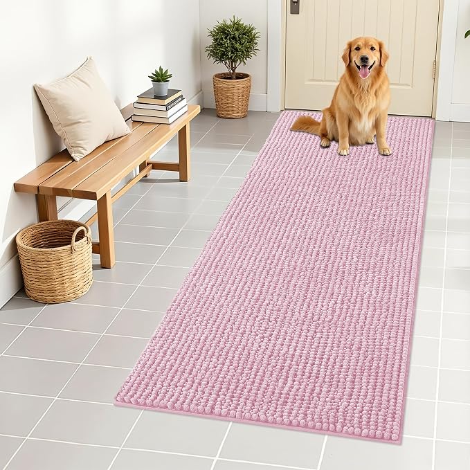 OLANLY Dog Door Mat for Muddy Paws 59x24, Extra Absorbent Chenille Mud Mat | Dusty Rose, Absorbs Moisture and Dirt, Non-Slip Machine Washable Doormat, Quick-Drying Indoor Entryway Floor Mat for Dogs
