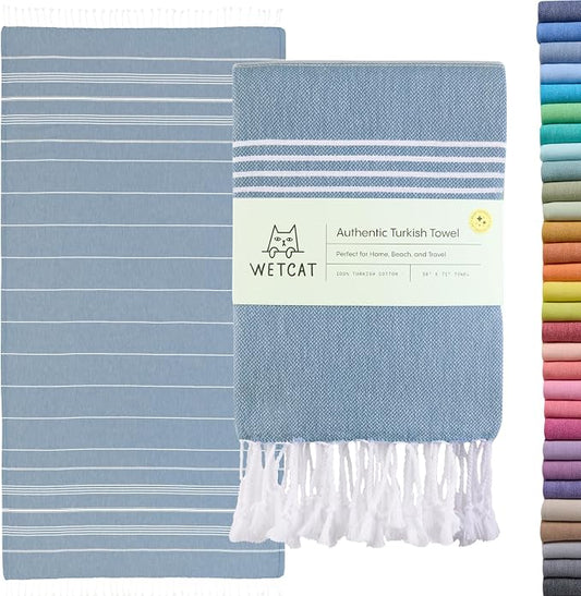 WETCAT Turkish Beach Towel Oversized (38"x71") 100% Turkish Cotton, Made in Turkey - Sand Free, Extra Large, Ultra Soft, Quick Drying, Compact & Lightweight for Travel - Denim Blue