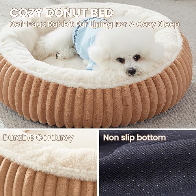 23 inches Calming Donut Dog Bed for Small Dogs,Mocha | Round Puppy Pet Bed with Removable&Washable Cover,Milk Plush Faux Fur, Fits Pets up to 15 lbs