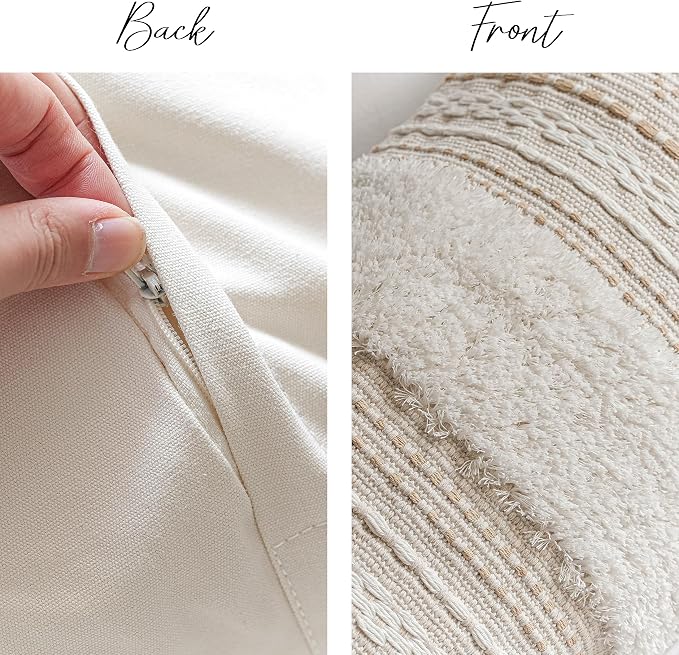 14x36 Lumbar Pillow Cover for Bed, Rectangular Long Decorative Throw Pillowcase, Boho Accent Cushion with Tufted Pattern and Tassels, Cream Beige Neutral (Cover Only)