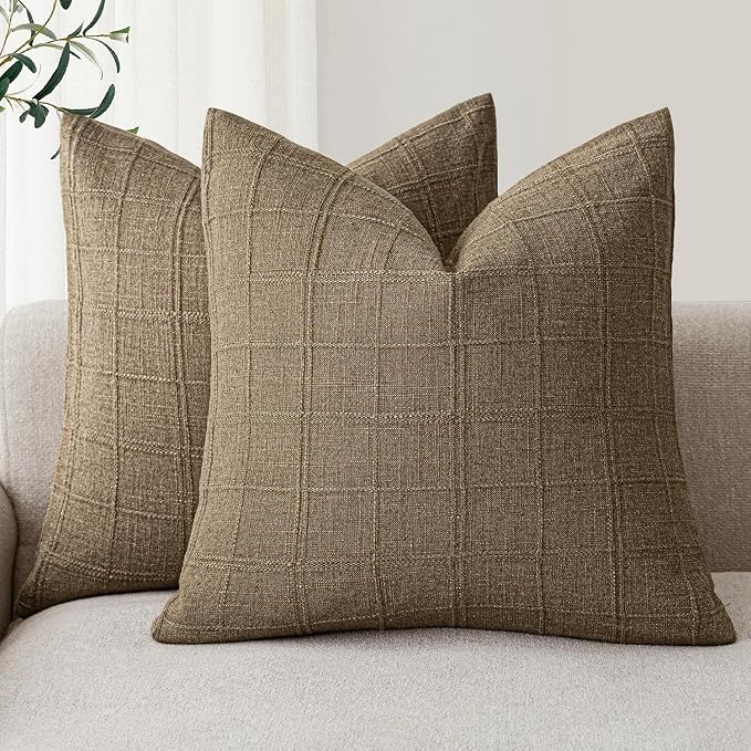 Foindtower Set of 2 Decorative Linen Check Throw Pillow Covers Neutral Farmhouse Vintage Cushion Covers Modern Boho Home Decor for Sofa Chair Couch Bedroom Living Room,26×26 Inch,Light Brown