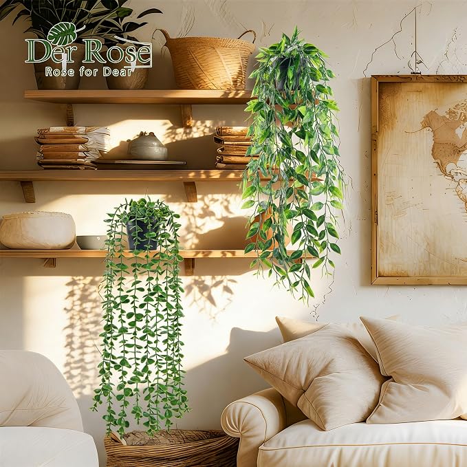 Der Rose 8Pcs Artificial Hanging Plants for Fuller Layered Wall Shelf Decor | Fake Vine Plants in black pots add bold contrast and refresh bathroom, kitchen, bedroom and ceiling decor indoor