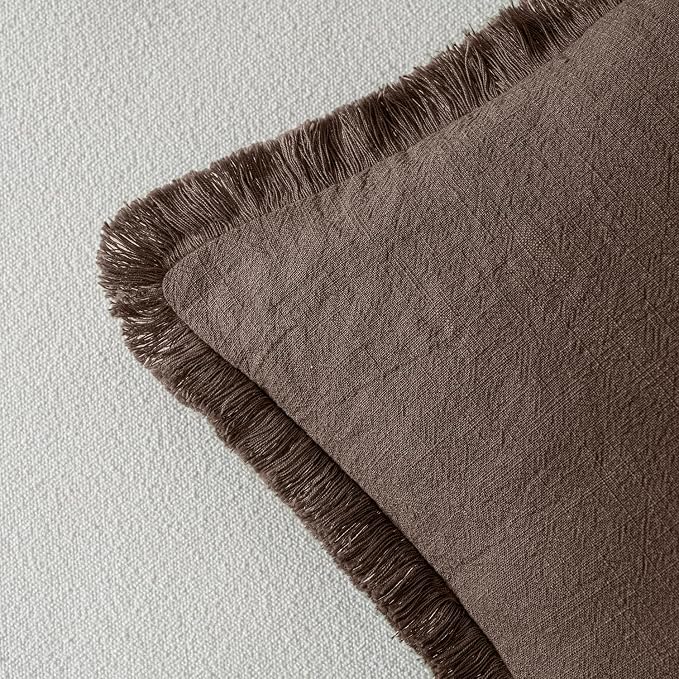 MIULEE Linen Fringe Decorative Fall Euro Pillow Covers Reddish Brown 24x24 | Set of 2, Cottagecore Decor, Boho Farmhouse Neutral Pillow Covers, Rustic Fall Couch Cushion Cases for Sofa Bed Living Room