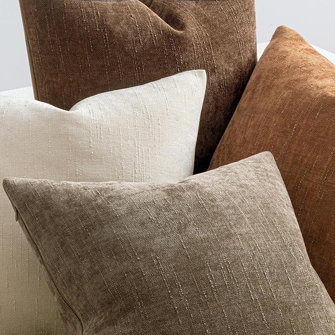 MIULEE Pack of 4 Fall Decorative Throw Pillow Covers 18x18 Inch Chenille Textured Throw Pillows Boho Farmhouse Cushion Covers Vintage Home Decor for Couch Sofa Bed Living Room，Beige Taupe Brown