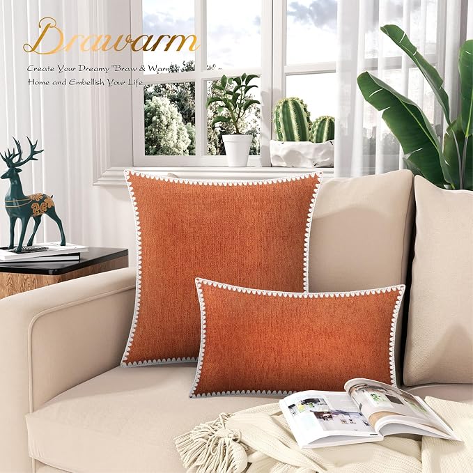 BRAWARM Chenille Throw Pillow Covers 20x20 Inches, Burnt Orange, 2 Pack | Decorative Pillow Covers with Shell Edge, Soft Cushion Cases for Sofa Bed Living Room Home Farmhouse (No Insert)