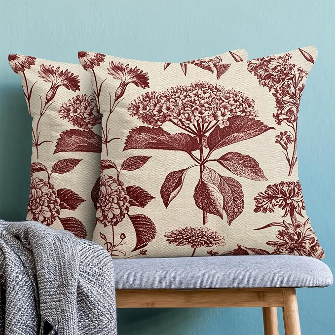 Floral Pillow Covers 16x16 Set of 2 Vintage Burgundy Red Hydrangea Herb Botanical Throw Pillow Covers Outdoor Decoration Boho Flower Pillowcase Farmhouse Decorative Cushion Case for Home Couch