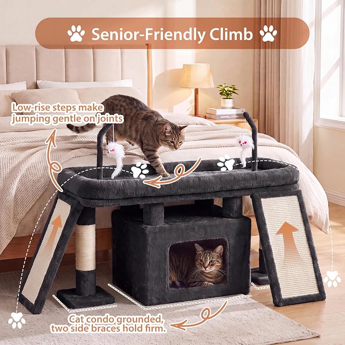 Heybly Cat Tree Extra-Long & Stable 2 Adjustable Scratch Boards HCT210SG | Easy-Climb Cat Tower with Dual-Leg Floor Condo, Sturdy Cat Furniture with Extra Wide Platform & Interactive Toys, Smoky Gray