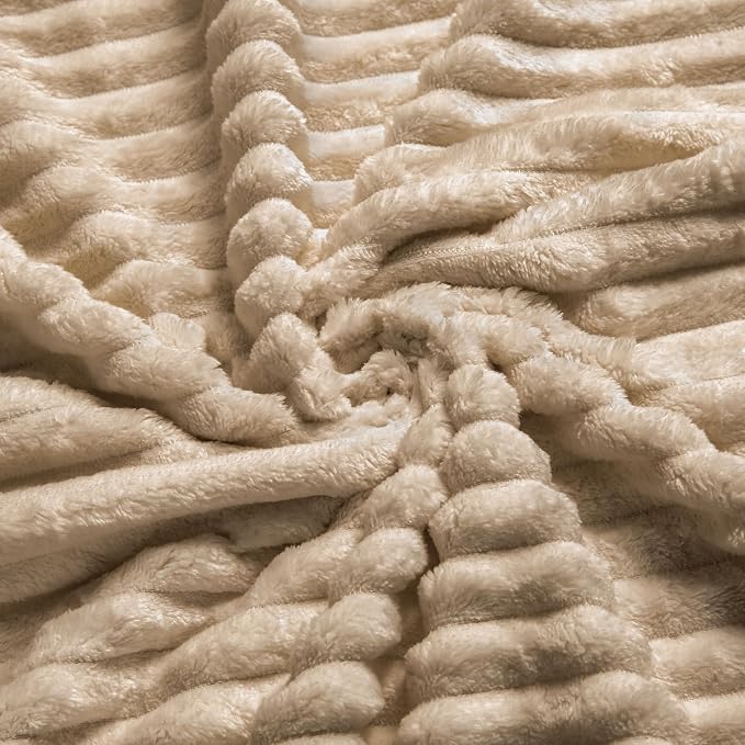 Vessia Flannel Fleece Throw Blanket for Couch,Sofa,Bed, 300GSM Striped Camel Blanket Throw for Adults and Kids, Super Soft Warm Cozy Lightweight Ribbed Light Brown Blanket for All-Season