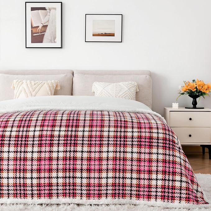 Sherpa Plaid Throw Blanket, 60" X 70" Fuzzy Fluffy Cozy Soft Blanket, Fleece Flannel Plush Twin Size Microfiber Blanket for Couch Bed Sofa, Black&Pink