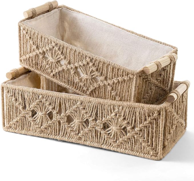 Mkono 2Pc Macrame Storage Basket, Boho Decor Toilet Paper Holder, Brown | Small Baskets for Organizing, Hand-Woven, Bohemian Beach Coastal Decor, Shelf Vanity Cabinet Bedroom Living Room Office Dorm