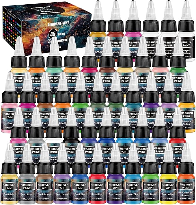 Airbrush Paint - 45 Colors Airbrush Paint Set with 3 Tinner, Plastic & Wood Acrylic Air brush Paint Kit Ready to Spray, Water-Based for Artists Beginners Hobbyist, 0.34 Fl Oz/10ml - 48 Bottles