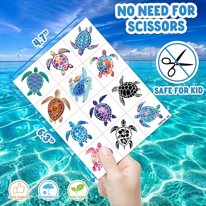 96 PCS Turtle Pre-Cut Temporary Tattoos for Kids | Super Cute First Themed Birthday Party Favors, Supplies, Decorations, Cute Ocean Animal Tattoo Stickers (multiple)