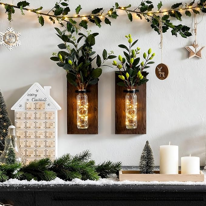 Heiple 2 Pack Wood Glass Wall Sconces, Farmhouse Planters for Indoor Plants, Rustic Decor for Living Room, Hanging Vase (Brown)