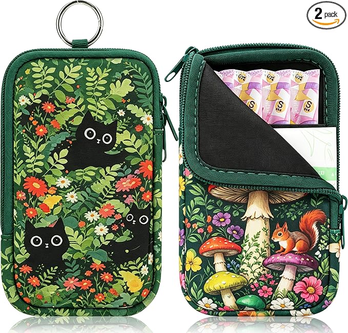 KJQJLY 2 Pack Portable Tampon Organizer Bag Tampon Holder & Storage Case with Zipper for Travel, Discreet Period Bag for Purse, Waterproof Feminine Products Pouch for Women (Cats & Squirrels)