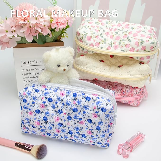 PAZIMIIK Small Quilted Makeup Bag,Zipper Cosmetic Pouch,Floral Blue,6 Pack | Lightweight Cosmetic Bag Organizer for Women,Purse Storage Holds Makeup,Toiletries,Skincare,Beauty Essentials,Travel Items