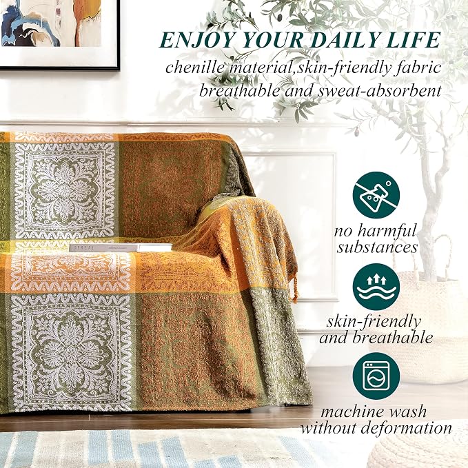 Boho Throw Blanket, Bohemian Tassels Throw Blankets for Bed Couch Soft Chair， Chenille Fringe Tassels (New Green, Large 86 * 102Inches)