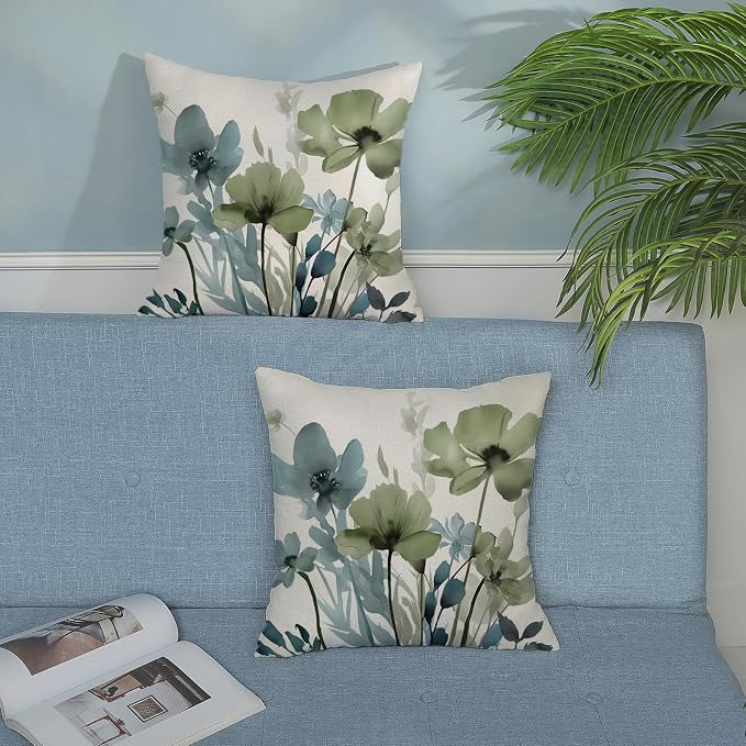 Floral Pillow Covers 20x20 Inches Set of 2 Sage Green Blue Floral Throw Pillow Covers Outdoor Rustic Spring Summer Flower Decoration Pillowcase Farmhouse Decorative Cushion Cover For Home Sofa