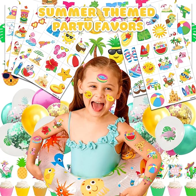 96 PCS Hello Summer Beach Pool Hawaiian Pre-Cut Temporary Tattoos for Kids | Super Cute Themed Birthday Party Favors, Supplies, Decorations, Fake Tattoo Stickers (Multiple)