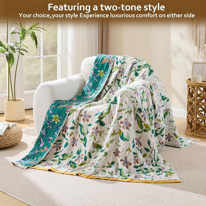 VANJOROY Boho Throw Blanket, 100% Organic Cotton Breathable Ultra Soft 91" x 108" King Bed Quilt Throw - All Season Floral Rustic Farmhouse Decor Luxury Blanket for Sofa Couch Chair