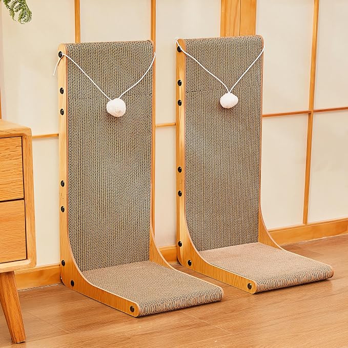 Value 2-Pack 23.6 Inch L-Shaped Cardboard Cat Scratcher, Dual Use (Vert/Horiz) Scratch Pad with Toy Balls, Wall-Mountable Furniture Protector Cat Scratchers for Indoor Cats