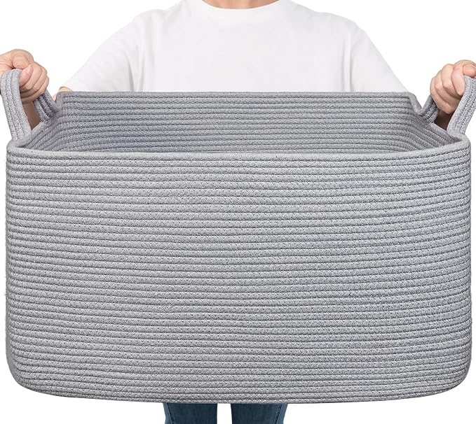 Goodpick Large Woven Rope Blanket Basket, Rectangle, Gray, 75L | 21.6'' x 14.9'' x 11.8'' Storage Basket for Toys, Blankets & Towels, Living Room & Nursery Organization, Reinforced Handles