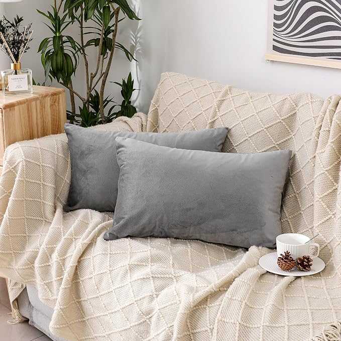 NiNi ALL Grey Velvet Throw Pillow Covers 12x20 Pack of 2 Decorative Couch | Soft Solid Boho Cushion Squar Pillow Cases for Chair Sofa Bedroom Farmhouse Living room Modern Luxury Home Decor Christmas