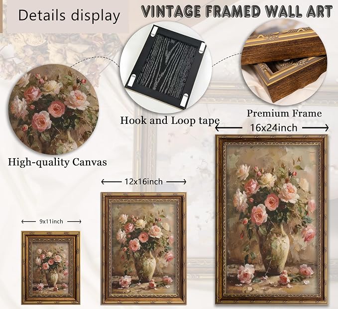 Gold Framed Vintage Floral Canvas Wall Art French Country Painting Picture Wall Decor Vase Flower Arrangement Poster Print Artwork for Living Room Bedroom Bathroom Home Decoration