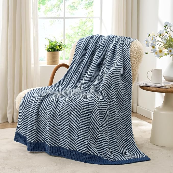 Snuggle Sac Herringbone Throw Blanket for Couch, Reversible Super Soft Warm Chervon Blankets, Cozy Knit Fuzzy Plush Lightweight Stripe Throws for Sofa, Bed, Camping, Navy, 50x60 inches