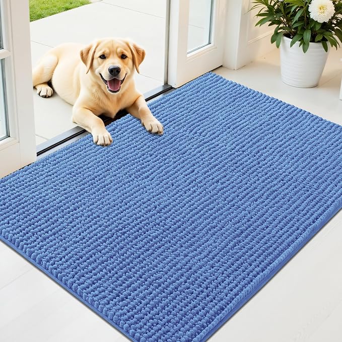 OLANLY Dog Door Mat for Muddy Paws 44x32, Extra Absorbent Chenille Mud Mat | Cornflower Blue, Absorbs Moisture and Dirt, Non-Slip Machine Washable Doormat, Quick-Dry Indoor Entryway Floor Mat for Dogs