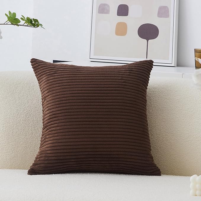 Home Brilliant Brown Throw Pillow Cover 18 x 18 Solid Supersoft Corduroy Stripes Square Throw Pillow for Couch S ofa Bedroom Living Room Chair, 18x18 inches (45cm), Brown