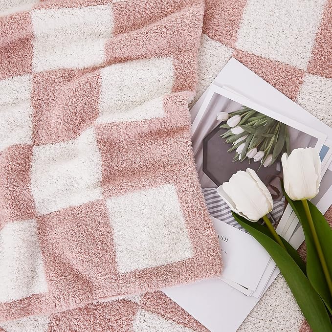 Soft Twin Size Checkered Blanket for Bed-Cozy Knitted Blankets | Lightweight Fluffy Warm Decor for Women, Mom, Her & Girls, Sofa, Chair, Couch, 60x80in,Pink