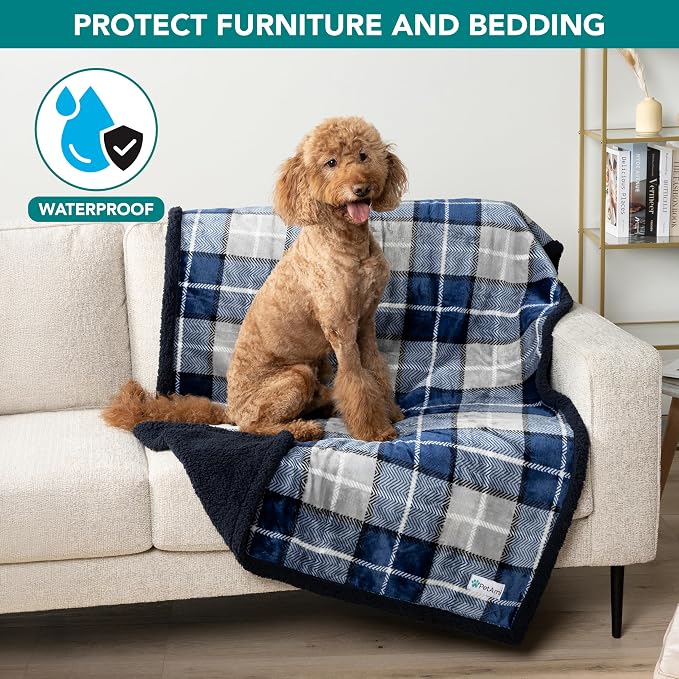 PetAmi Waterproof Dog Blanket for Large Dog Cat Pet, 60x80, Plaid Navy | 460 GSM Sherpa Fleece Reversible, Pee Proof, Furniture Protector Cover for Couch Sofa Bed Kennel, Washable, Extra Large