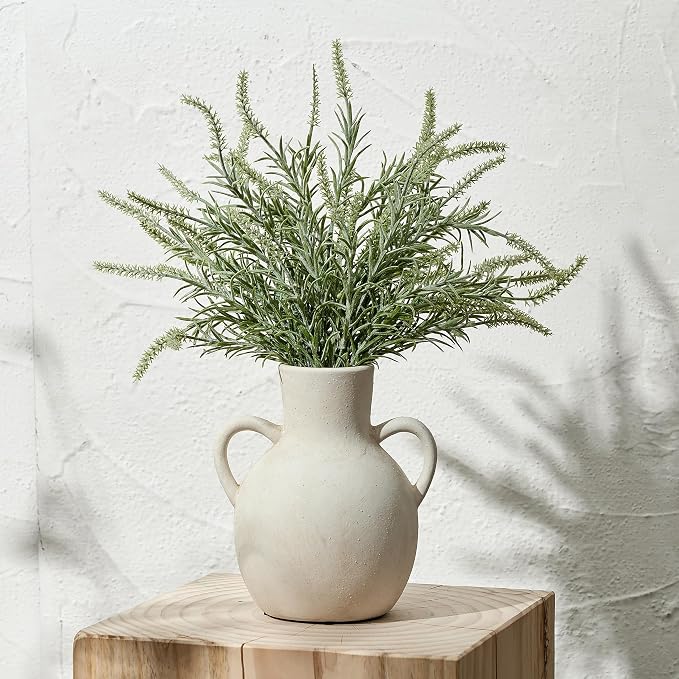 SIDUCAL Rustic Ceramic Farmhouse Flower Vase with 2 Handles, Terracotta Vase, Decorative Pottery Flower for Home Decor, Table, Wedding, Living Room, Shelf Decor, 7.3 Inch, White
