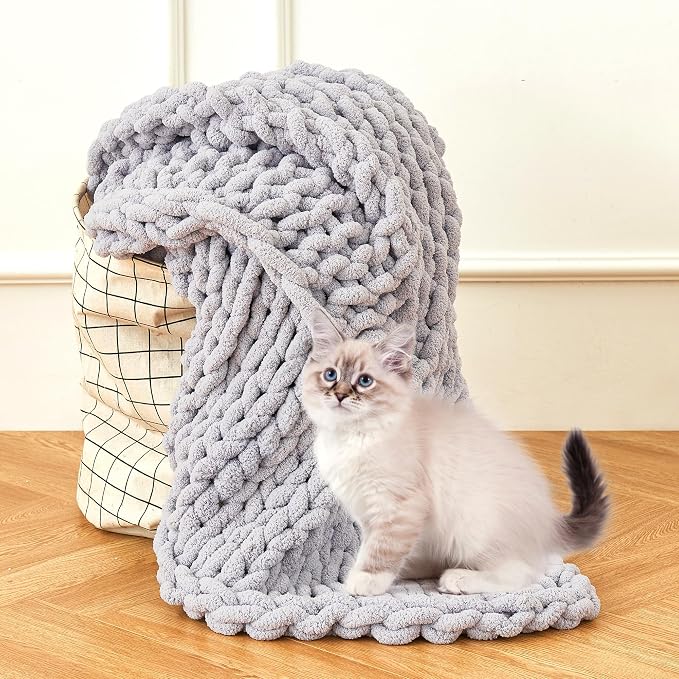 Chunky Knit Blanket Throw for Couch, 51"x63" Chunky Yarn Knitted Blankets | 100% Hand Knit Thick Chenille, Soft Breathable for Bed, Sofa, Home Decor, Cozy Gifts for Women Friends, Light Gray