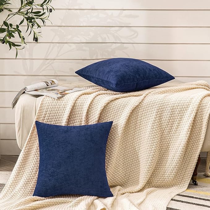 GAWAMAY Decorative Square Throw Pillow Covers 18"x18" Inch Set of 2, Super Soft Chenille Pillows Cover Fall Pillowcase for Living Room Bedroom Sofa Couch Cushion Cover Navy Blue 45x45cm (Only Covers)