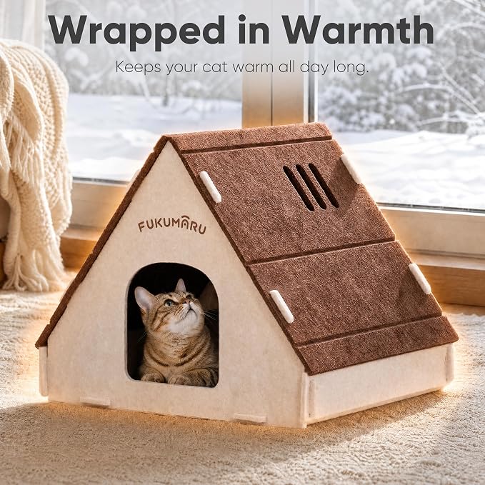 FUKUMARU Cat House Cave Bed for Indoor Cats, Large Warm Felt Cat Hideaway | Scratch-Resistant Cat Cave, Kitten Hideaway for Timid Cat & Small Pet, Modern Sturdy Cats House Condo, Easy to Assemble