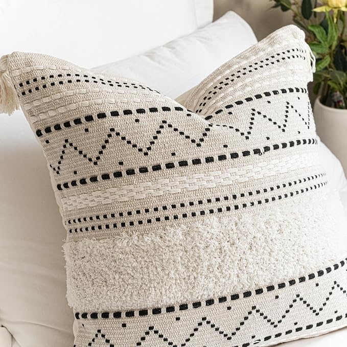 Decorative Lumbar Throw Pillow Covers 12x20 Combo Set of 2 Rectangular Boho Accent Pillowcase Black Neutral Farmhouse Cushion for Couch Sofa Bedroom Living Home Décor Cover ONLY