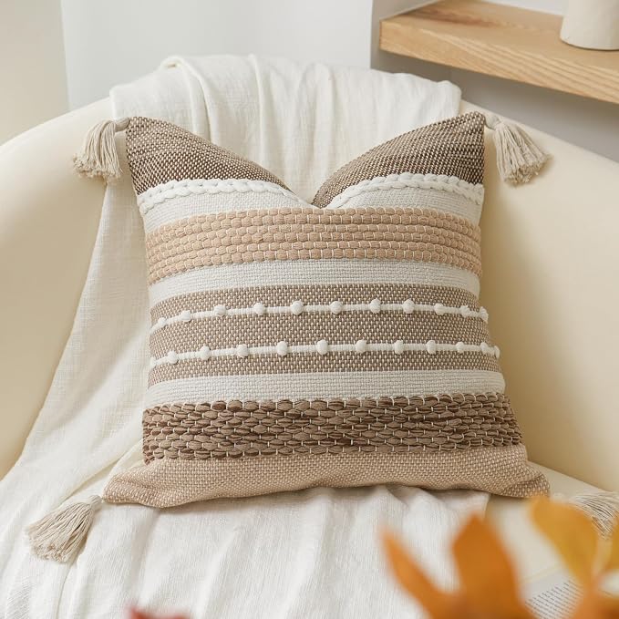 Brown Decorative Throw Pillow Cover 20x20 Square Boho Accent Pillowcase Tassels Farmhouse Cushion for Couch Sofa Bedroom Livingroom Home Décor Cover ONLY (Pack of 1)
