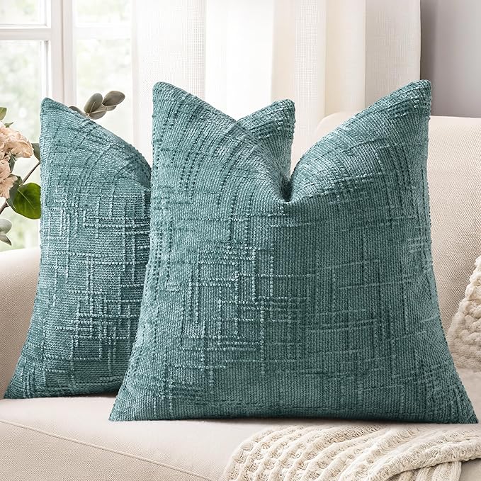 decorUhome Textured Chenille Throw Pillow Covers 18x18 Set of 2 Teal | Fall Modern Farmhouse Soft Cozy Slubby Couch Pillow Cases Boho Decorative Pillow Cases for Bed Sofa Living Room Home Decor