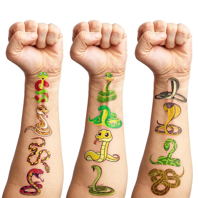 96 PCS Snake Pre-Cut Temporary Tattoos for Kids – Reptile Lizard Theme Birthday Party Favors,Cute Animal Tattoo Stickers for Boys Girls, Classroom Gifts, School Supplies, Prizes and Rewards (Normal)